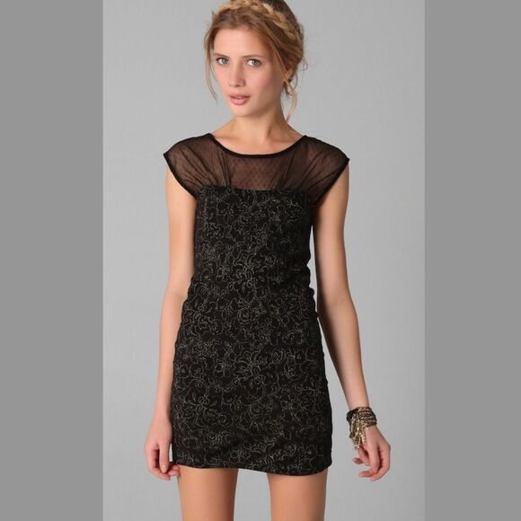 Free People Black Gold Floral Embroidered Polka Dot Mesh Sleeveless Dress Sz XS - Picture 1 of 7